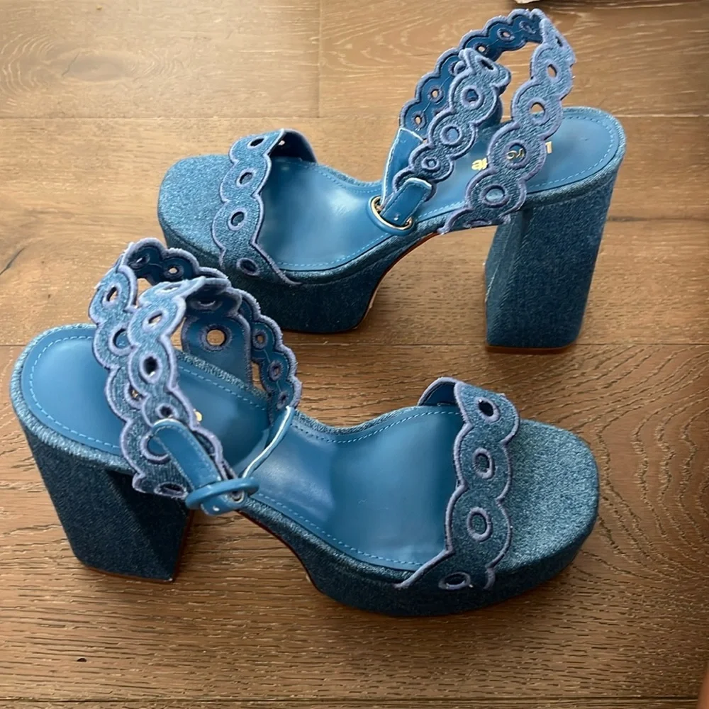 NEW Larroude Dolly Broderie Platform Sandal Blue Stoned Denim NWB - Picture 3 of 10